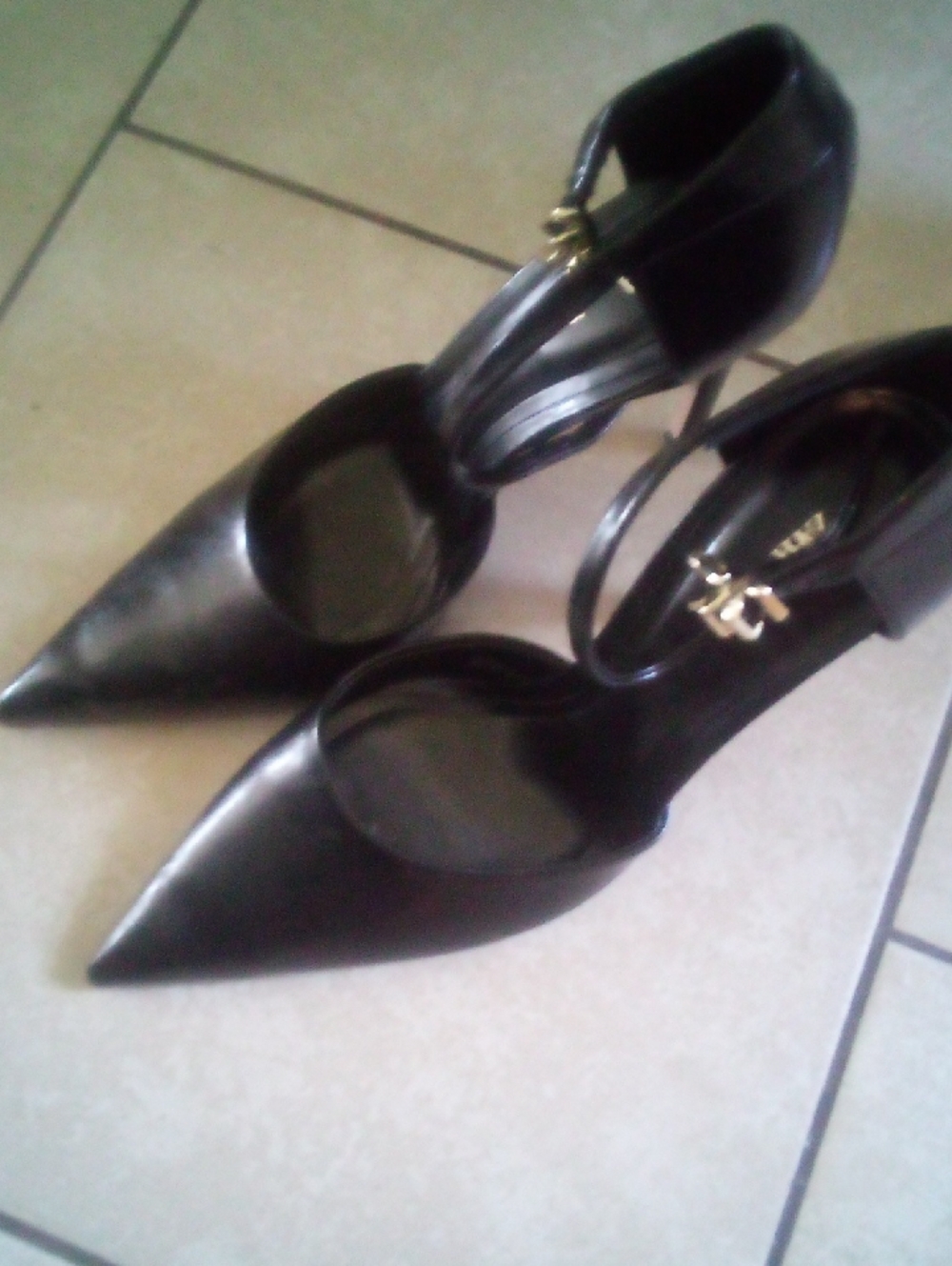 Zara Black Pointed Toe Ankle-Strap Heels with Gold Buckle